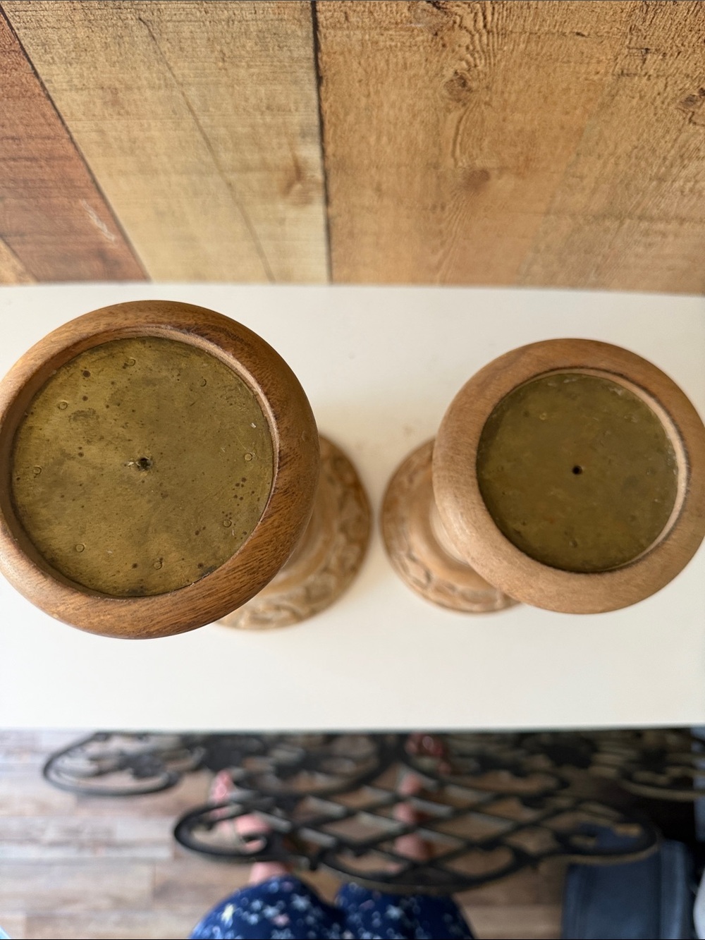 Decorative Carved Wood Candlestick Pair - Natural Cream/Tan Finish - Picture 7 of 10